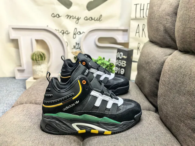 Adidas Black Army Green Sole Layered Suede And Mesh Upper Chunky Sneakers