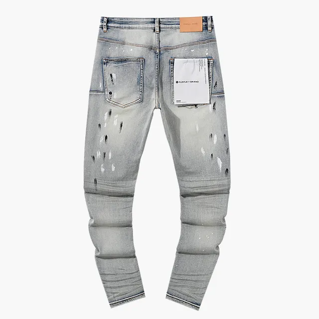 Purple Brand Distressed Paint-Splattered Light-Wash Slim-Fit Jeans
