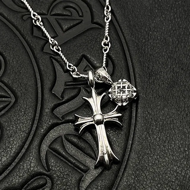 Chrome Hearts Cross Pendant Necklace Silver Purple Gothic Pavé Crystal Embellishment Necklace