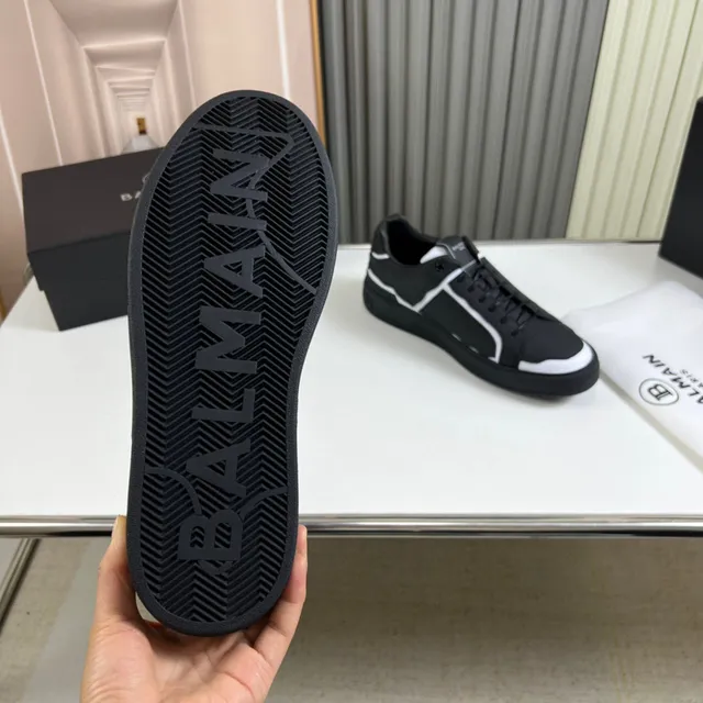 Balmain Black White Structured Leather Upper Asymmetrical Wave Paneling Lifestyle Sneakers
