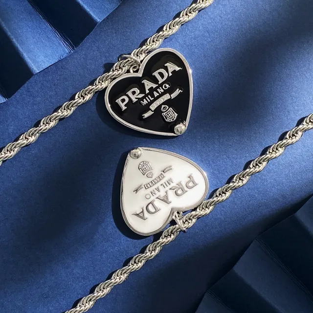 Prada Heart Pendant Necklace White and Black Enamel Rope Chain Necklaces