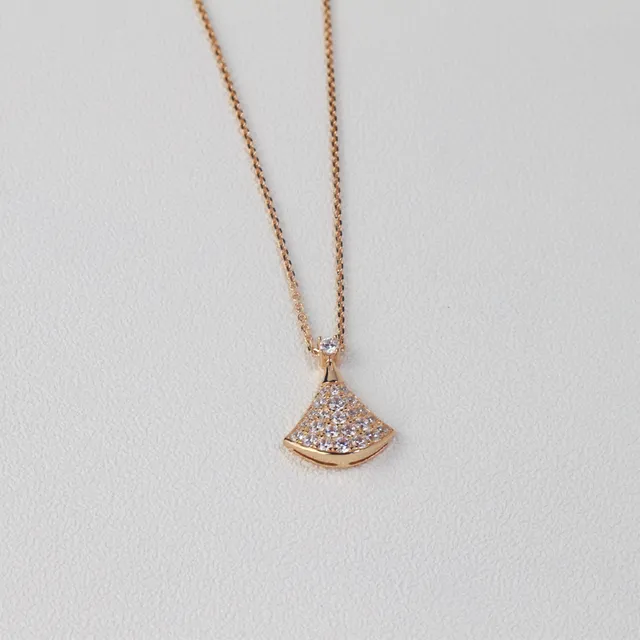 Silver Gold Fan-Shaped Pendant Pavé-Set Stones Necklace