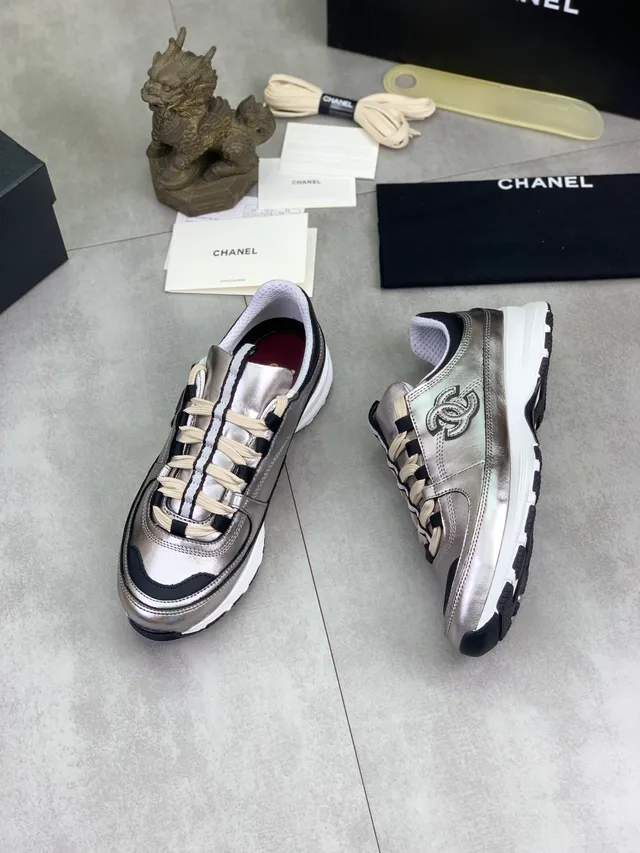 Chanel Silver Black Metallic Leather Striped Lacing Lifestyle Sneakers