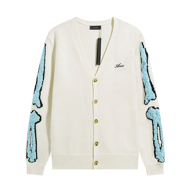 Amiri Bone Appliqué Black Beige V-Neck Button-Front Cardigan