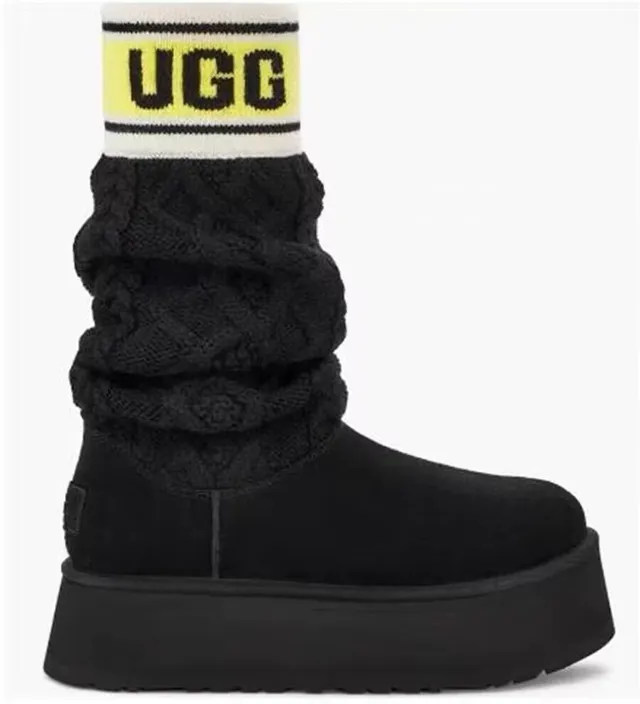 UGG Classic Black Yellow Platform Sole Ruched Knit Leg Warmer Knee Boots