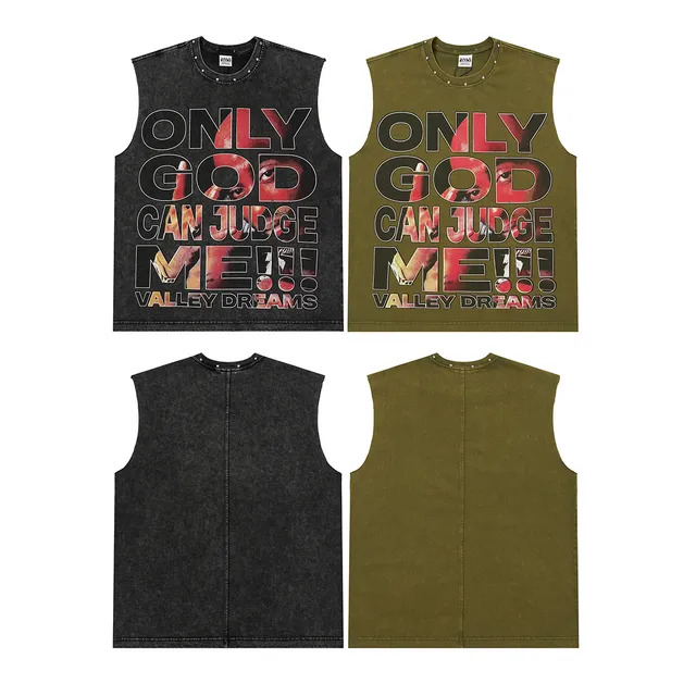 Army Green Black Sleeveless Graphic-Print Vest Top