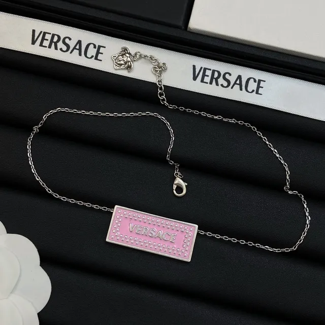 Versace Plaque Necklace Blue Pink Rectangular Enamel Studded Border Necklace