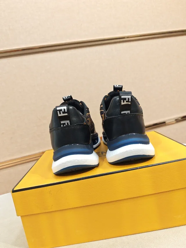 Fendi Black Brown Monogrammed Textile Upper Leather Overlays Chunky Sneakers