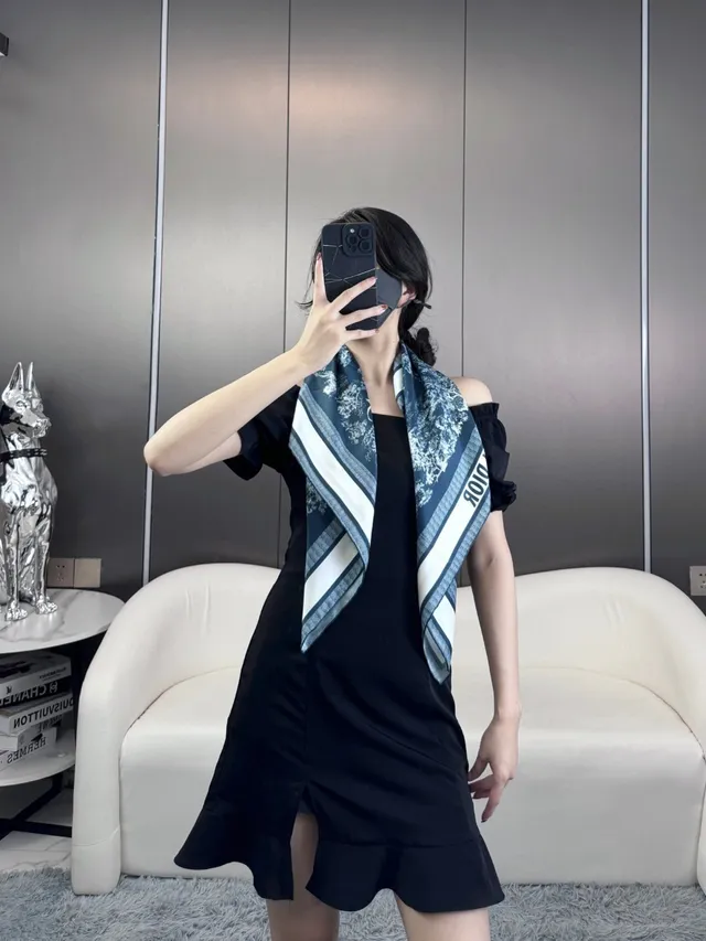 Dior Navy White Abstract Botanical Print Blue Base Silk Scarf