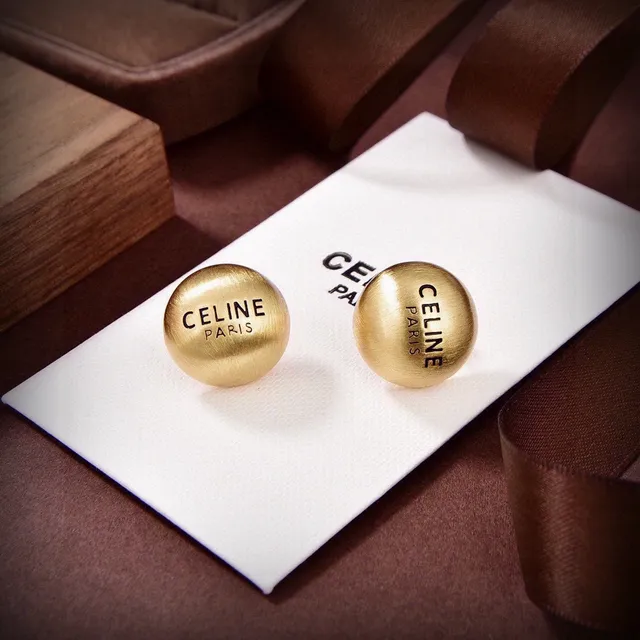 Celine Silver Gold Spherical Engraved Logo Earrings
