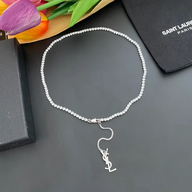 Saint Laurent YSL Chain Silver White Pavé-Set Stone Monogram Clasp Necklace