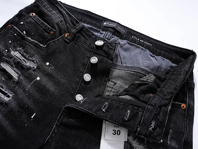 Purple Brand Distressed Paint-Splattered Black Slim-Fit Jeans