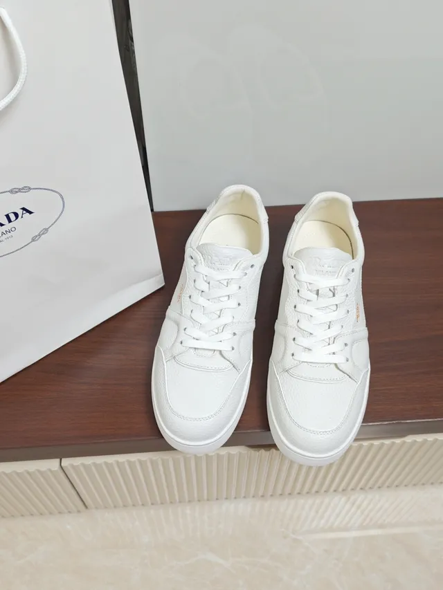 Prada White Gold Pebbled Leather Low-Top Lifestyle Sneakers