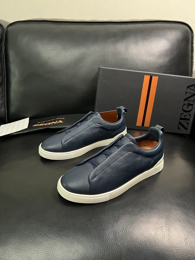 Zegna Navy Pebbled Leather Slip-On Lifestyle Sneakers