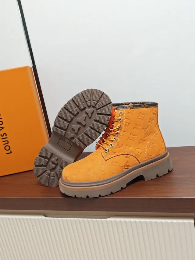 Louis Vuitton Orange Brown Monogram-Embossed Suede Lace-Up Combat-Style Work Boots
