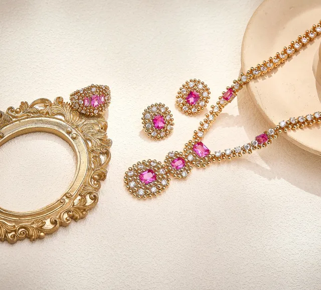 Gold Pink Bead-Set Pavé Diamond Accents Ring