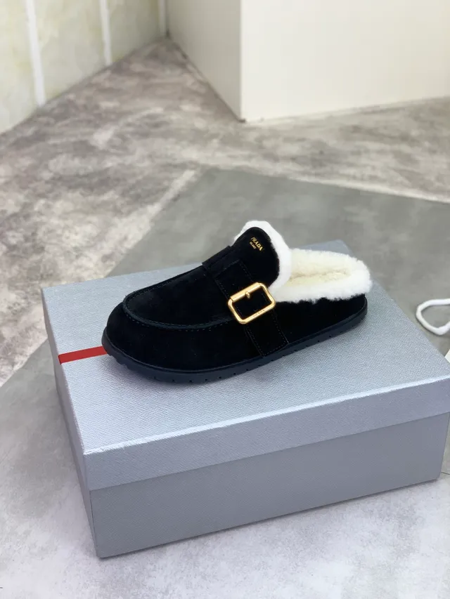 Prada Black Suede Shearling-Lined Buckle Loafer