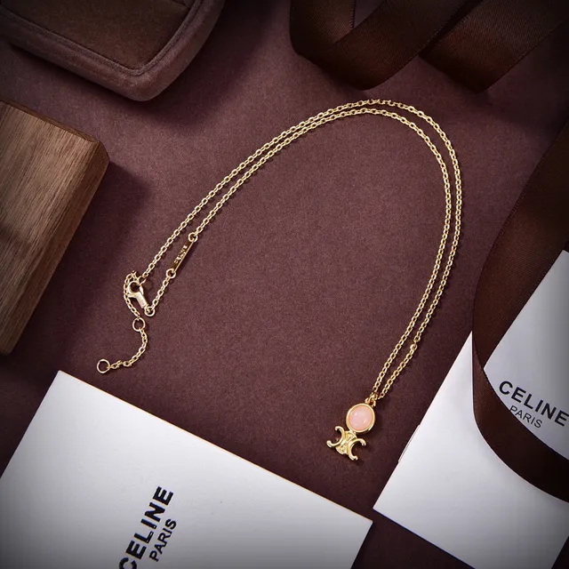 Celine Triomphe Gold-Tone and Pink Stone Necklace
