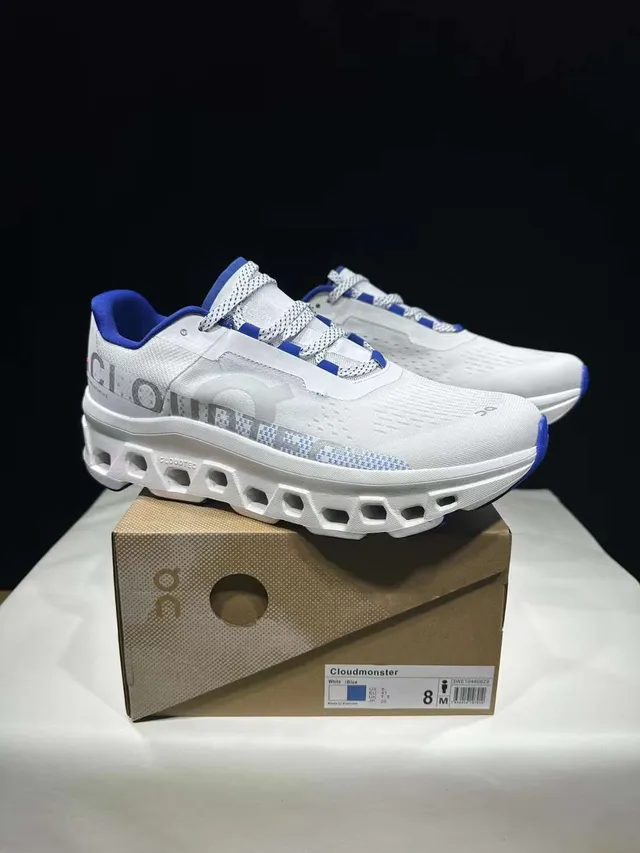 On Cloudmonster White and Blue Running Shoes