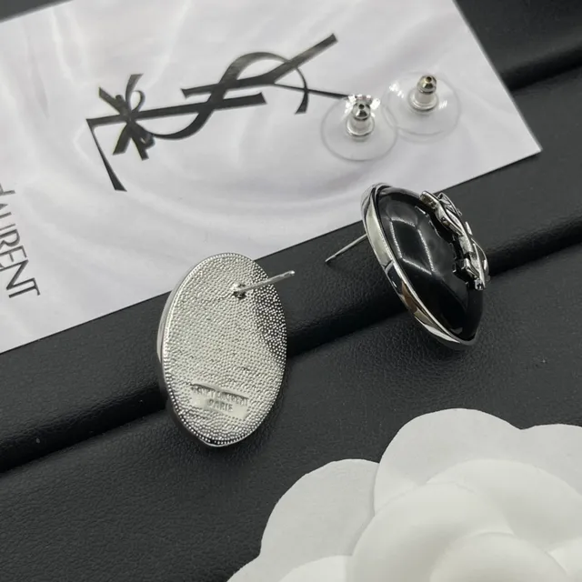 Saint Laurent YSL Monogram Oval Black Enamel Earrings