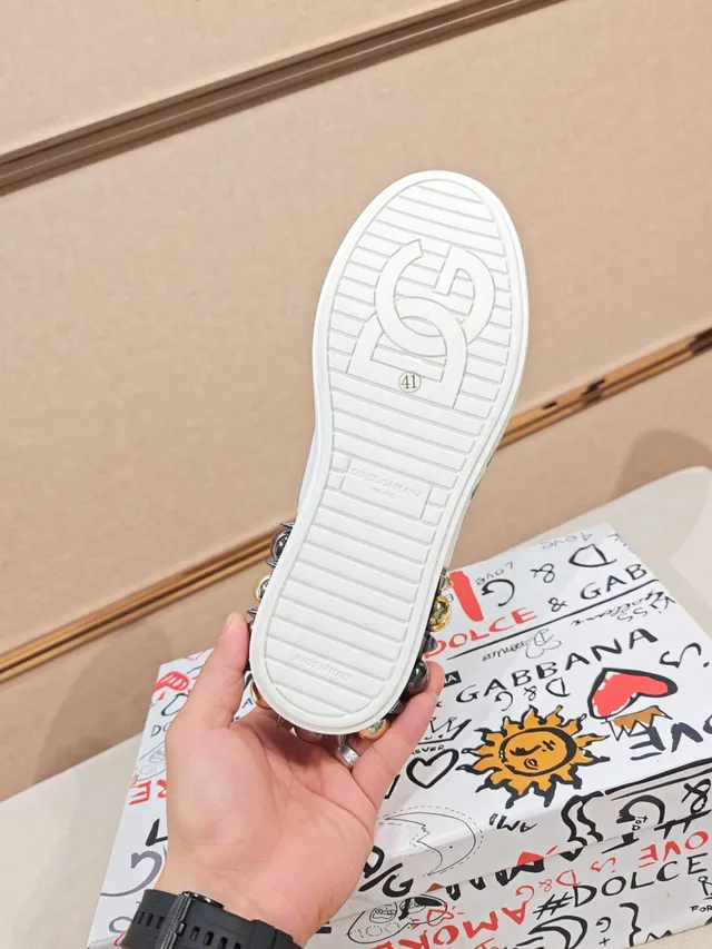 Dolce & Gabbana White Multicolor Hand-Painted Floral Motif Graffiti-Style Text Lifestyle Sneakers