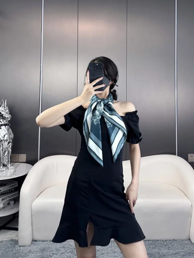 Dior Navy White Abstract Botanical Print Blue Base Silk Scarf