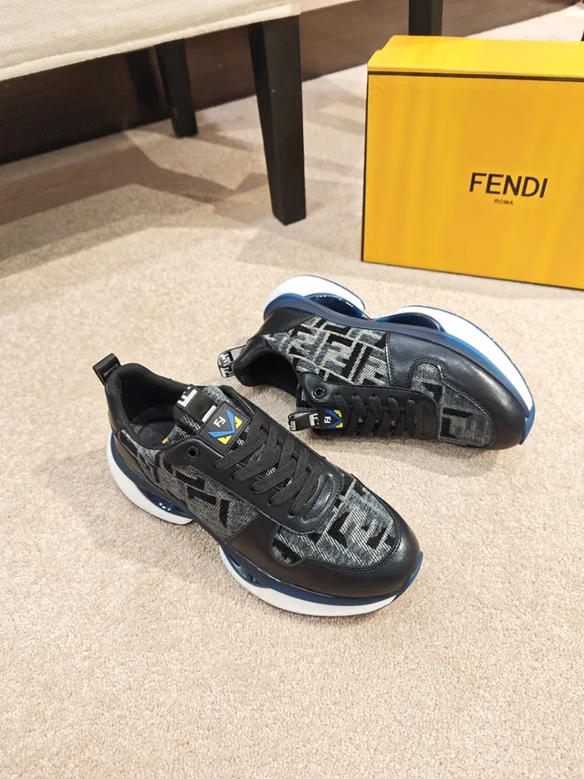 Fendi Black Navy FF Monogram Textile Layered Midsole Chunky Sneakers