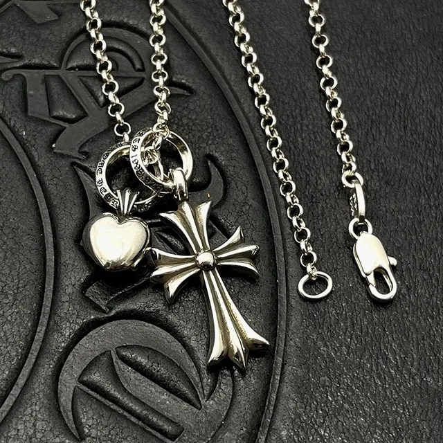 Chrome Hearts Cross and Heart Charm Silver Necklace