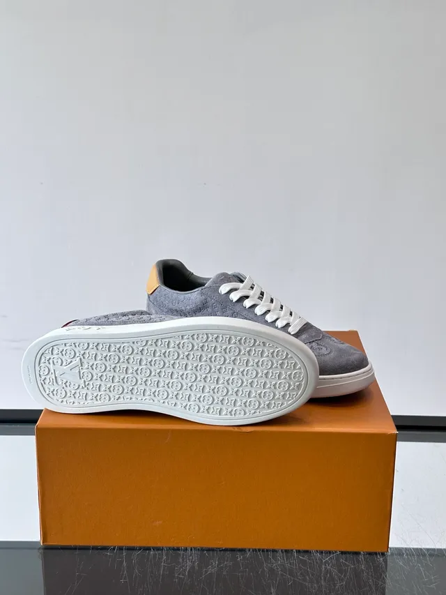 Louis Vuitton LV Trainer Gray Beige Monogrammed Suede White Rubber Sole Lifestyle Sneakers