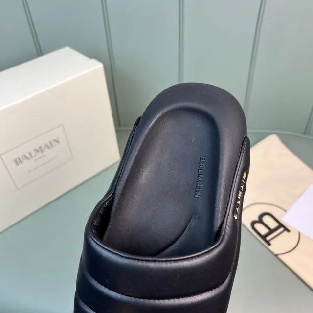 Balmain B-Court Black Gold Padded Strap Molded Sole Slippers
