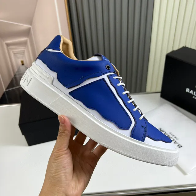 Balmain Blue White Low-Top Leather-Panelled Lifestyle Sneakers