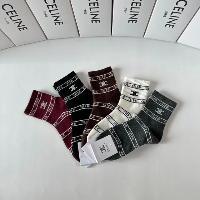 Celine Burgundy Black Logo-Band Cuff Ribbed Knit Socks