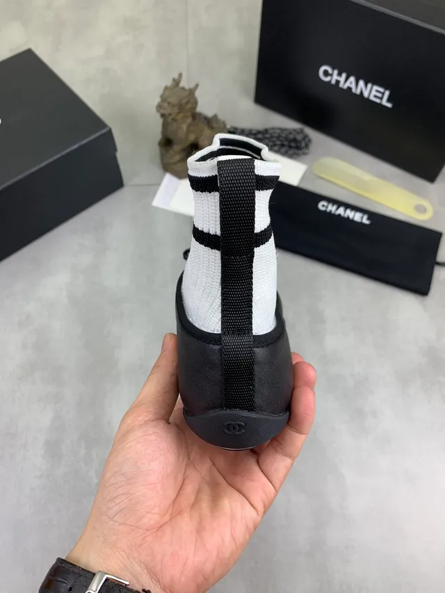 Chanel Black White Sock-Fit Knit Upper Leather Toe Cap Ballet Flat