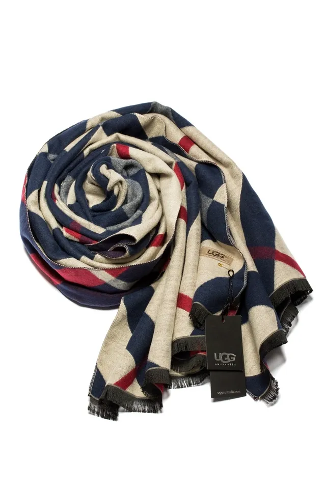 UGG Beige Navy Plaid Pattern Woven Texture Shawl