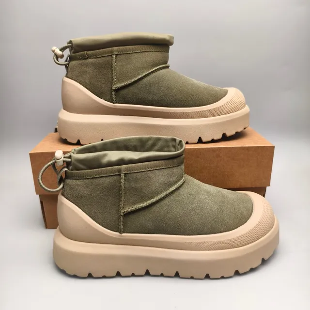 Army Green Beige Olive Suede Upper Platform Sole Snow Boots
