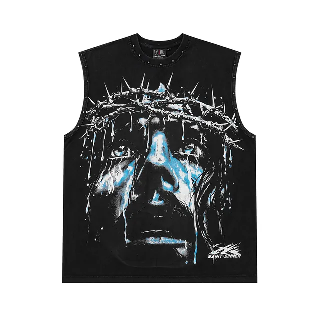 SAINT-SINNER Burgundy Black Graphic-Print Studded Shoulders Vest Top