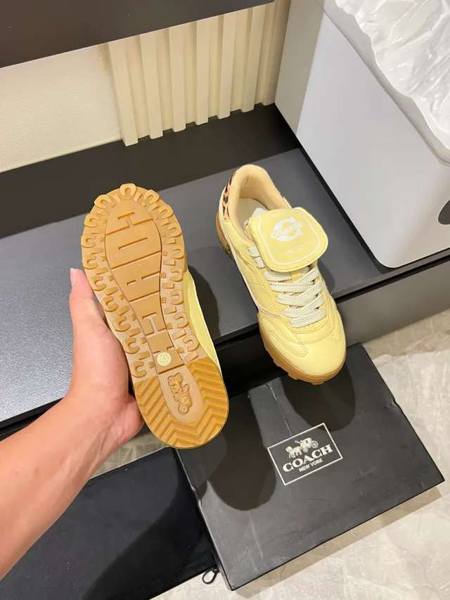 Coach Yellow Brown Low-Top Leopard-Print Heel Tab Sneakers