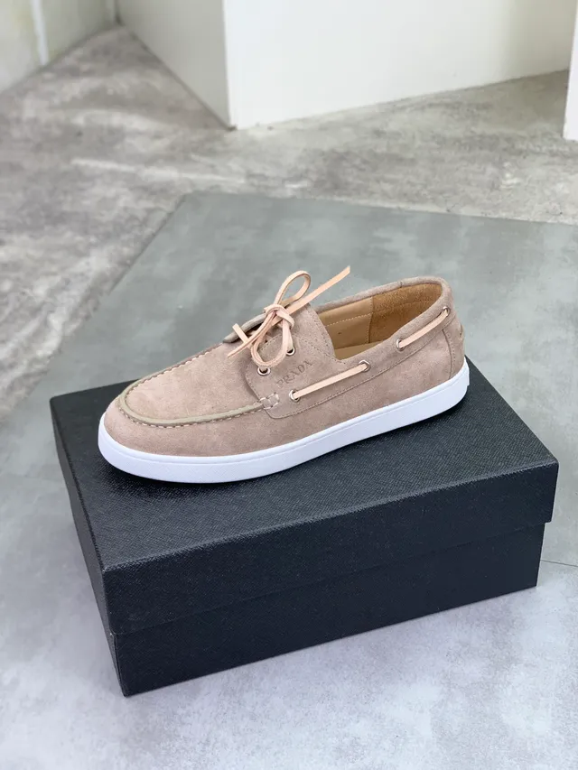 Prada Beige White Suede Upper Moc-Toe Stitching Boat Shoes