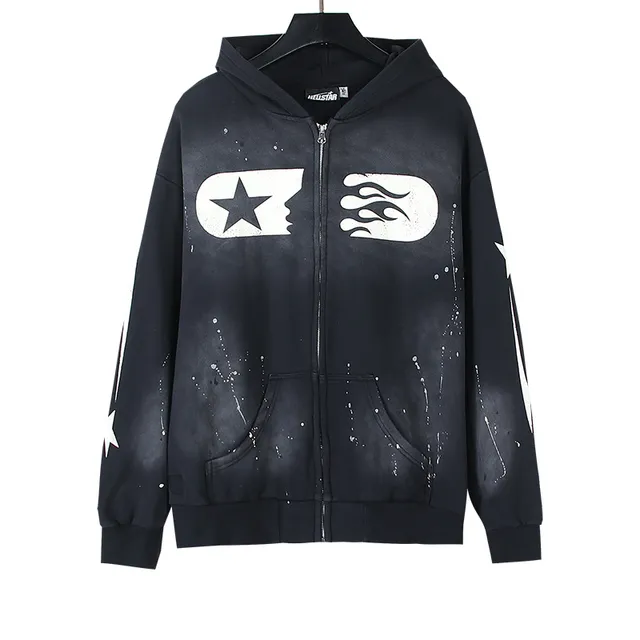 Hellstar Star Flame Graphic Zip-Up Black Hoodie