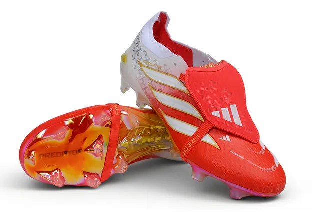 Adidas Predator Red White Laceless Strap Closure Iridescent Translucent Heel Cage Firm-Ground Soccer Shoes