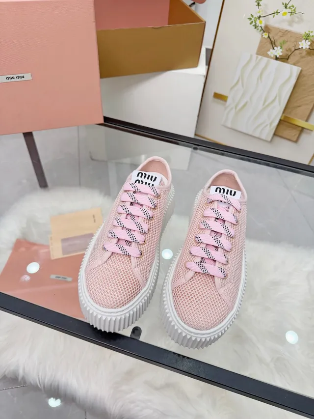 Miu Miu Platform Sneaker Pink White Mesh Upper Ridged Sole Lifestyle Sneakers