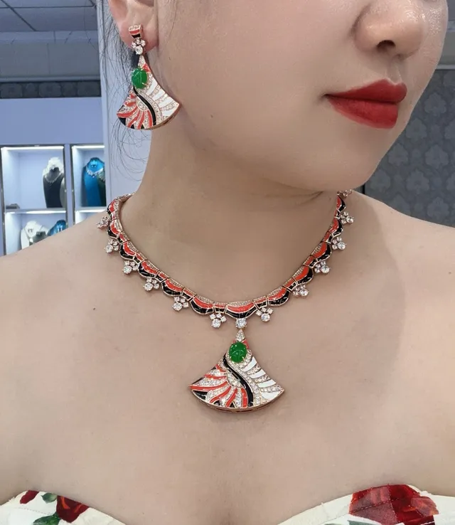 Gold Multicolor Fan-Shaped Enamel Inlay Earrings