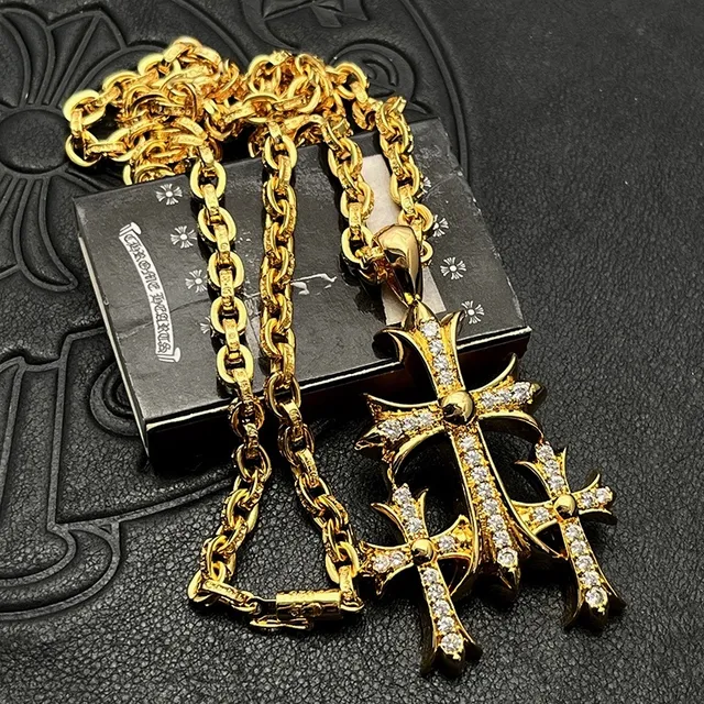Chrome Hearts Triple Cross Pavé Gold Tone Necklace