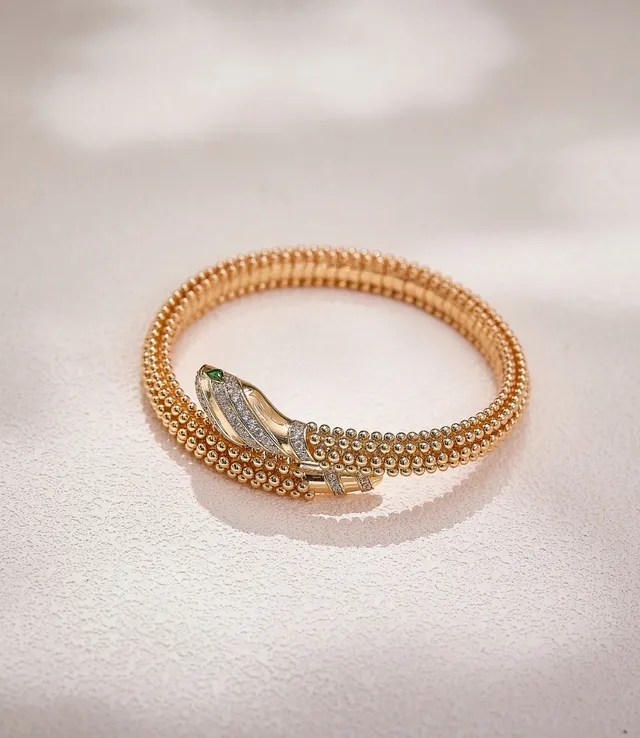 Bvlgari Serpenti Gold Green Coiled Serpentine Beaded Texture Bracelet