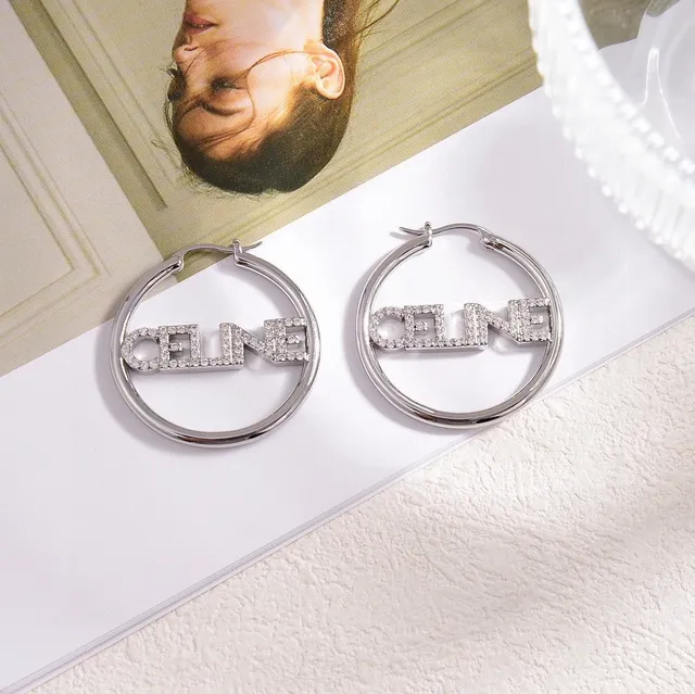 Celine Logo Hoop Silver Gold Crystal-Embellished Earrings