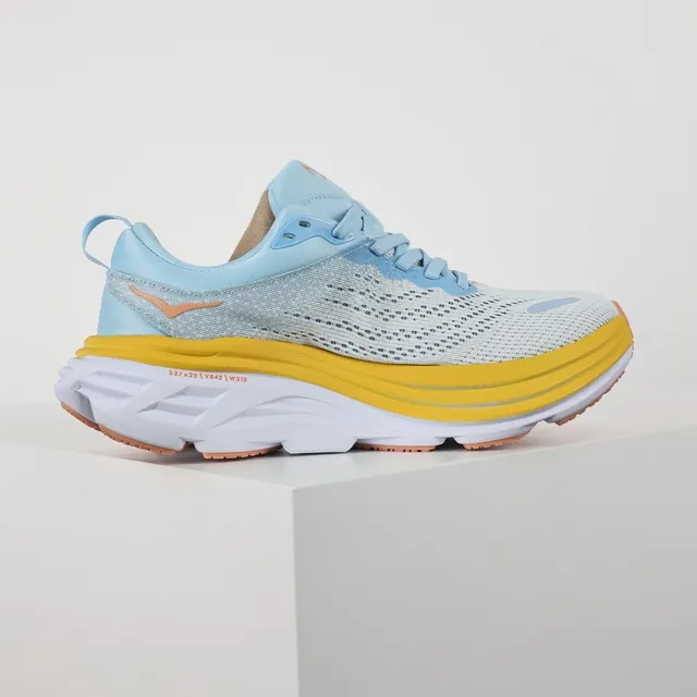 Hoka Blue Yellow Engineered Mesh Upper Stacked Midsole Running Shoes