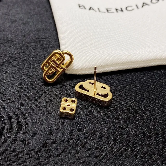 Balenciaga BB Gold Silver Interlocking Monogram Openwork Metal Earrings