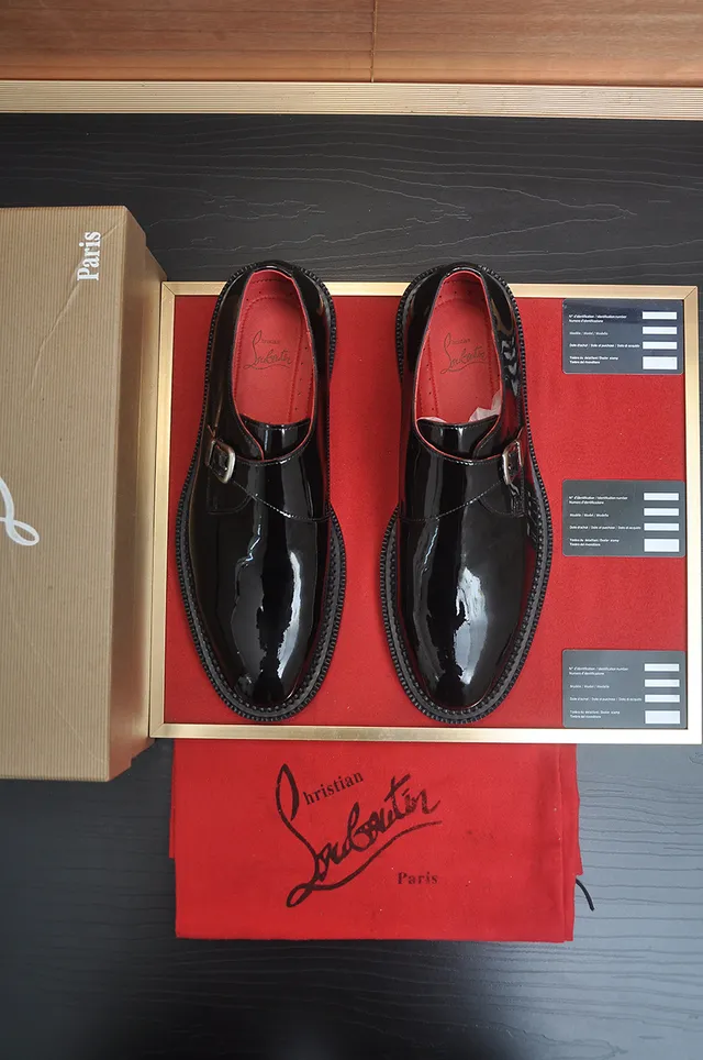 Christian Louboutin Black Red Glossy Patent Leather Single Strap Monk Shoes