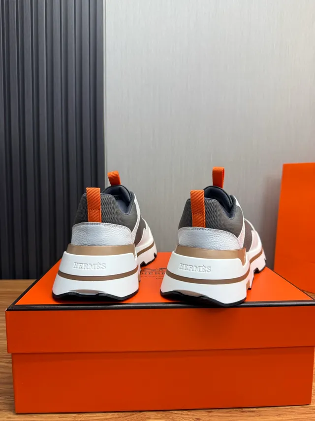 Hermès White Gray Chunky Sole Mixed Leather-Mesh Upper Sneakers