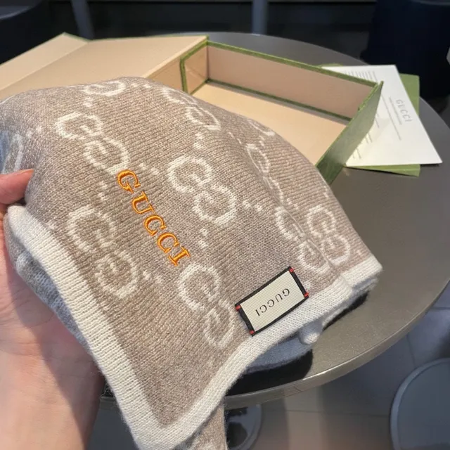 Gucci GG Monogram Knitted Beige and Taupe Cashmere Scarf